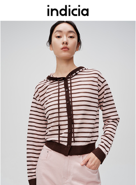 indicia标记商场同款2024夏休闲撞色粉黑条纹连帽开衫6B404KS217C