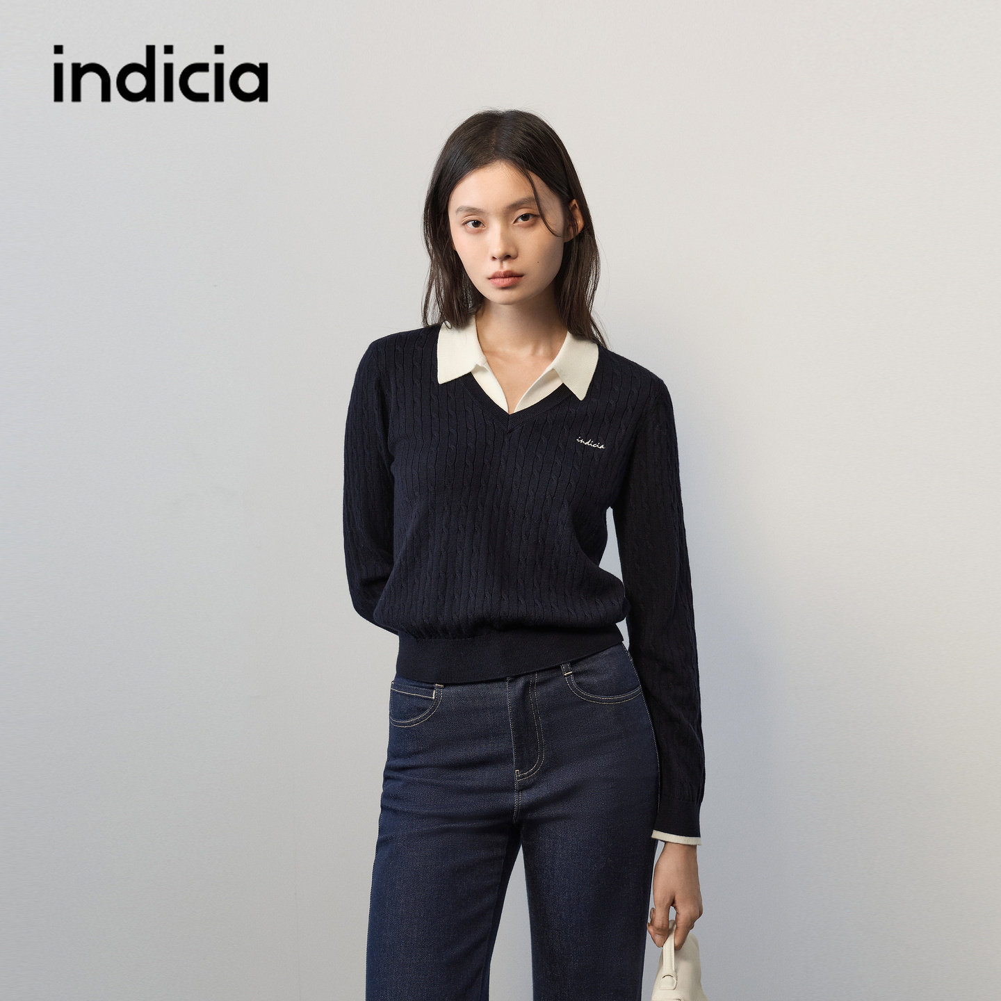 indicia标记商场同款2026秋季新款女装假两件针织衫藏青色上衣女