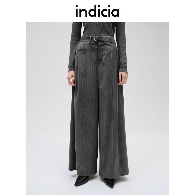 indicia标记商场同款秋冬季休闲裤女条纹阔腿长裤女装F2C4KZ477C