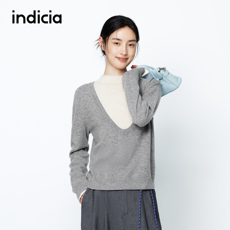 indicia标记羊毛针织衫假两件套装毛衣黑色拼接高领女春冬季女装
