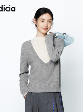 indicia标记羊毛针织衫假两件套装毛衣黑色拼接高领女春冬季女装
