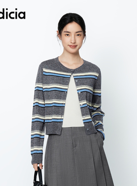 indicia标记25秋新款撞色经典条纹格雷系针织圆领开衫L2C5KS135-1