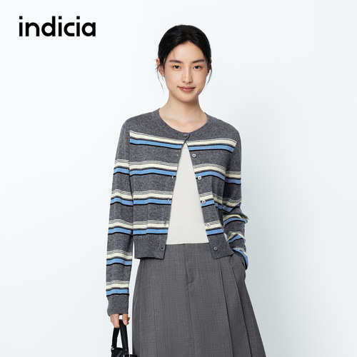 indicia标记25秋新款撞色经典条纹格雷系针织圆领开衫L2C5KS135-1