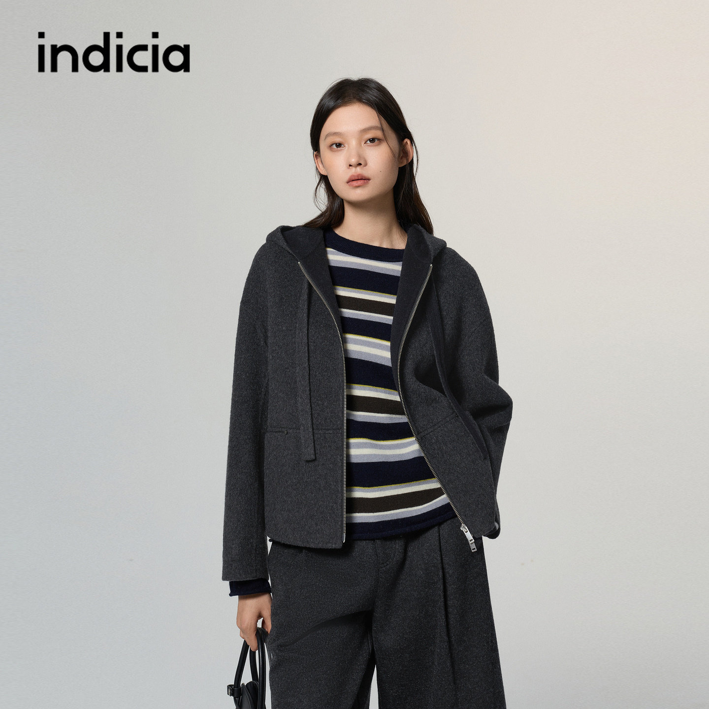indicia标记商场同款灰色羊毛大衣毛呢连帽外套2026冬季新款女装