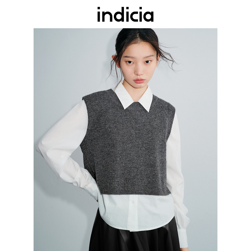 indicia标记简约衬衫针织背心两件套时尚套装春季女装 L2A5SY006