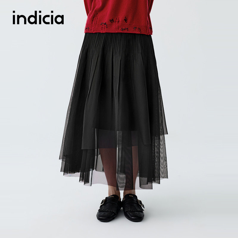 indicia标记商场同款26春季新款女装黑色网纱裙半身裙百褶裙子