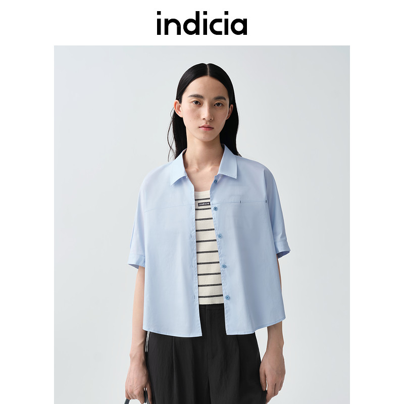 indicia标记商场同款25夏新款纯色浅蓝衬衫短袖简约女F2B5CS190N