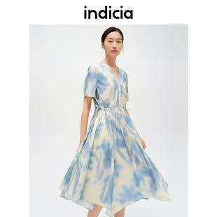 indicia标记商场同款夏蓝色印染连衣裙v领天丝高腰6B406LQ365C