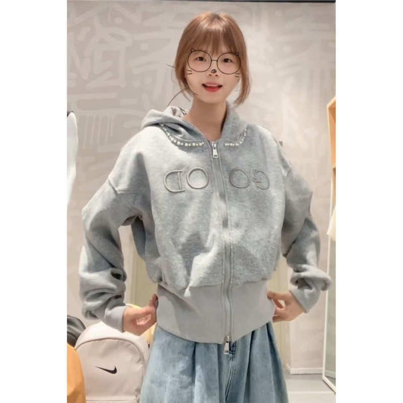 重工钉珠字母刺绣连帽卫衣女【棉】秋新款宽松学院风短款拉链外套