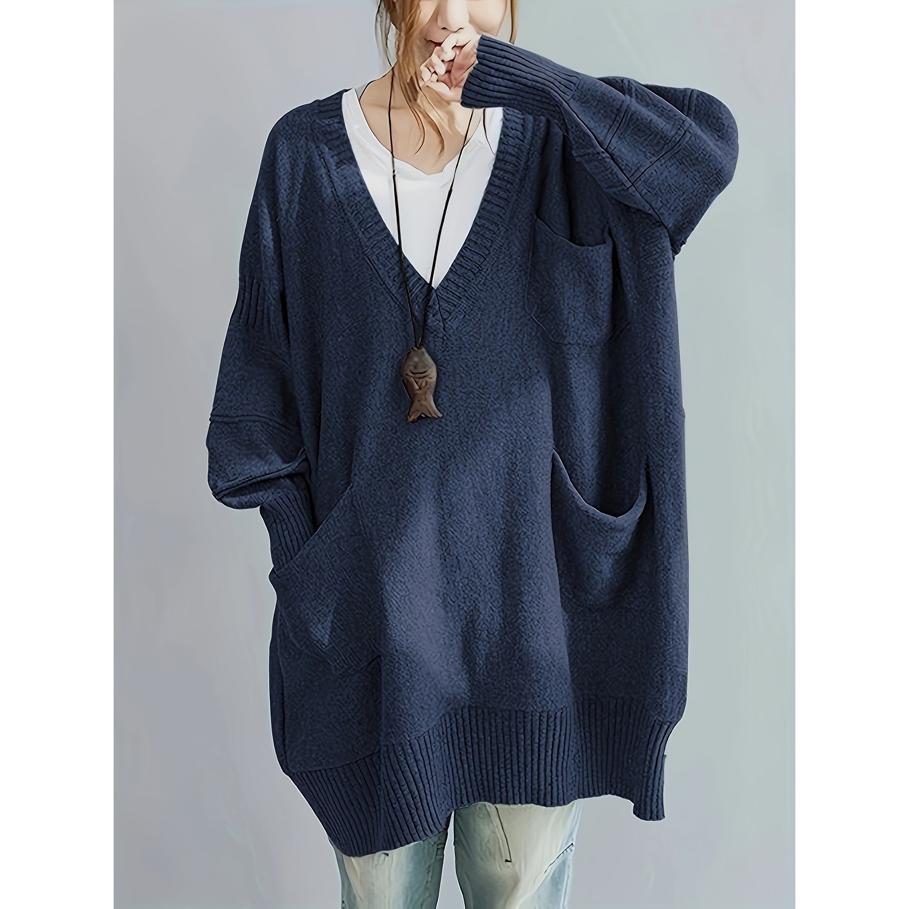 亚马逊跨境爆款慵懒风宽松V领套头中长款毛衣裙长袖外穿针织衫