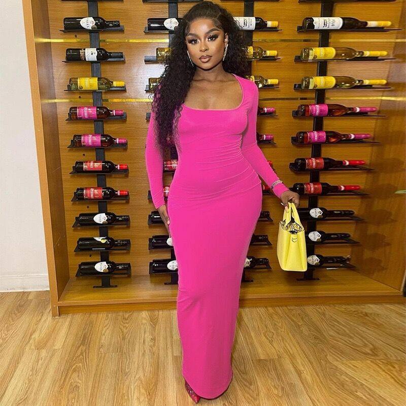 欧美风跨境女装2023秋冬季长袖裙子 性感纯色U领包臀连衣裙女