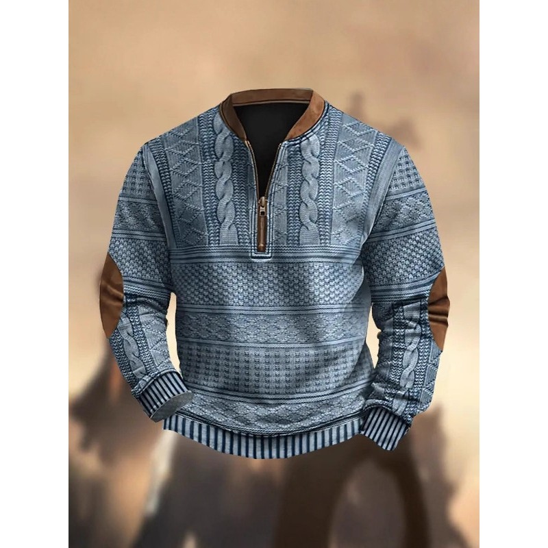 外贸欧美秋冬季男装休闲立领时尚卫衣3D数码印花男冬款半拉链上衣