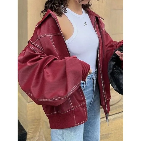 欧美跨境女装速卖通秋冬款宽松翻领美式复古时尚夹克拉链皮衣外套