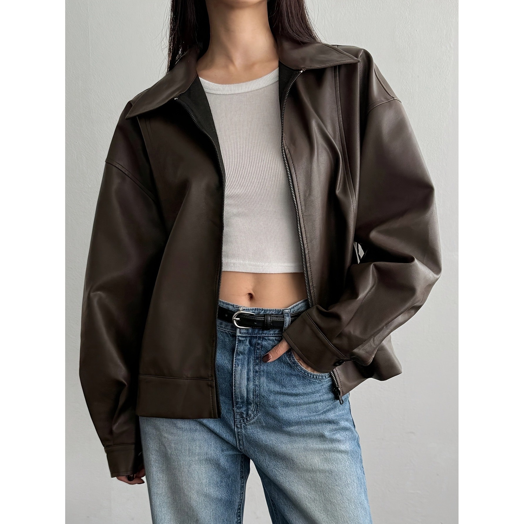 2025欧美跨境女式皮夹克秋冬超大人造机车服皮衣宽松休闲机车外套