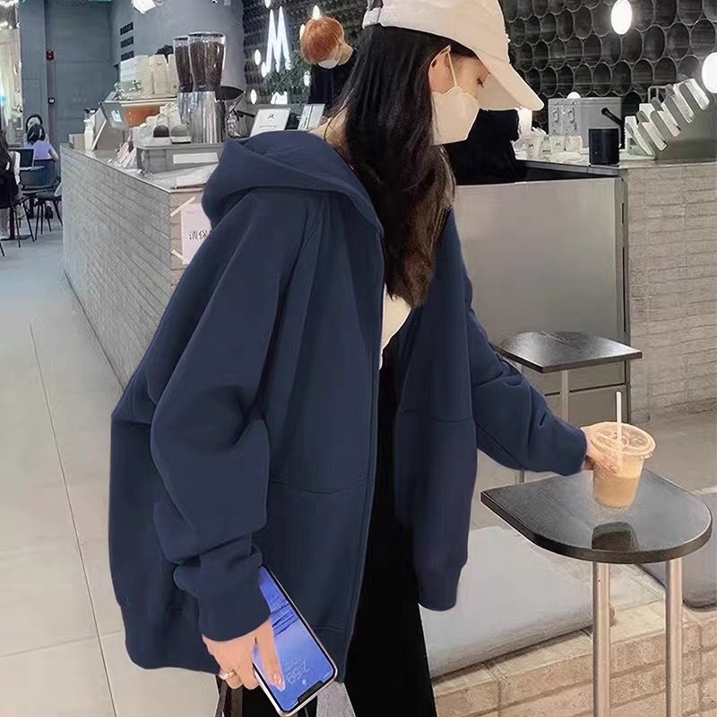 银狐绒加绒拉链连帽卫衣女新款宽松外套欧美风秋冬季休闲开衫上衣