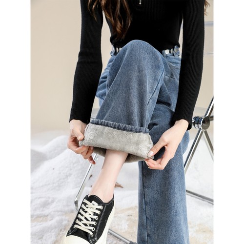 加绒牛仔裤女秋冬新款小个子直筒长裤女款韩版大码加厚宽松阔腿裤