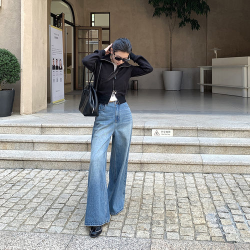 25秋冬季新款复古俏皮无腰头设计感A字韩系宽松大阔腿裤牛仔裤女