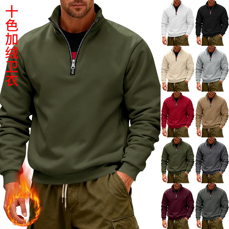 跨境冬季美式重磅卫衣宽松户外休闲保暖半拉链立领套头加绒卫衣男