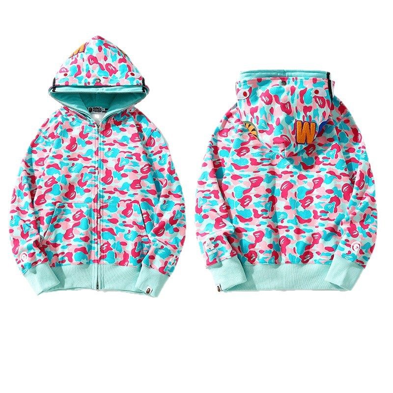 跨境外贸迈阿密双帽鲨鱼头卫衣男秋冬加绒青少年开衫拉链外套