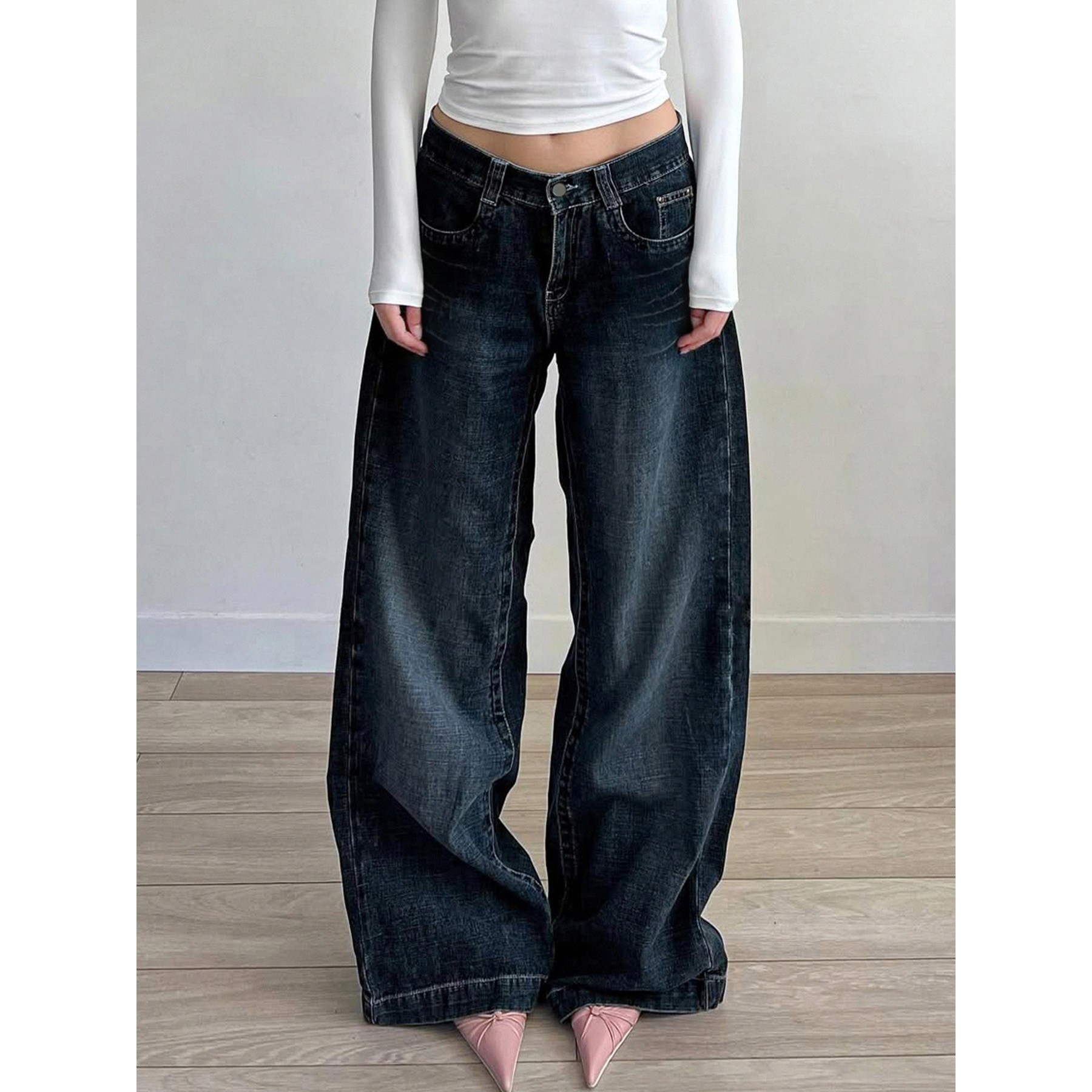 美式街头风宽松不对称拉链牛仔裤女跨境秋季新款直筒阔腿拖地长裤