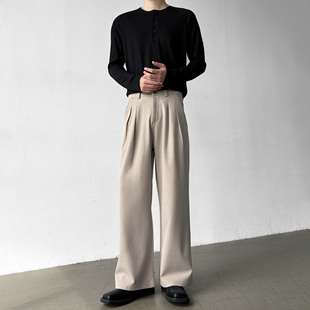 三本针压褶卡其A字直筒阔腿宽松西裤 夏季 TR色纺布不掉色 男笙