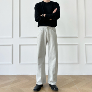 高品质纯棉水泥灰牛仔裤 男笙春季 阿苏特染14盎司宽松直筒牛仔裤