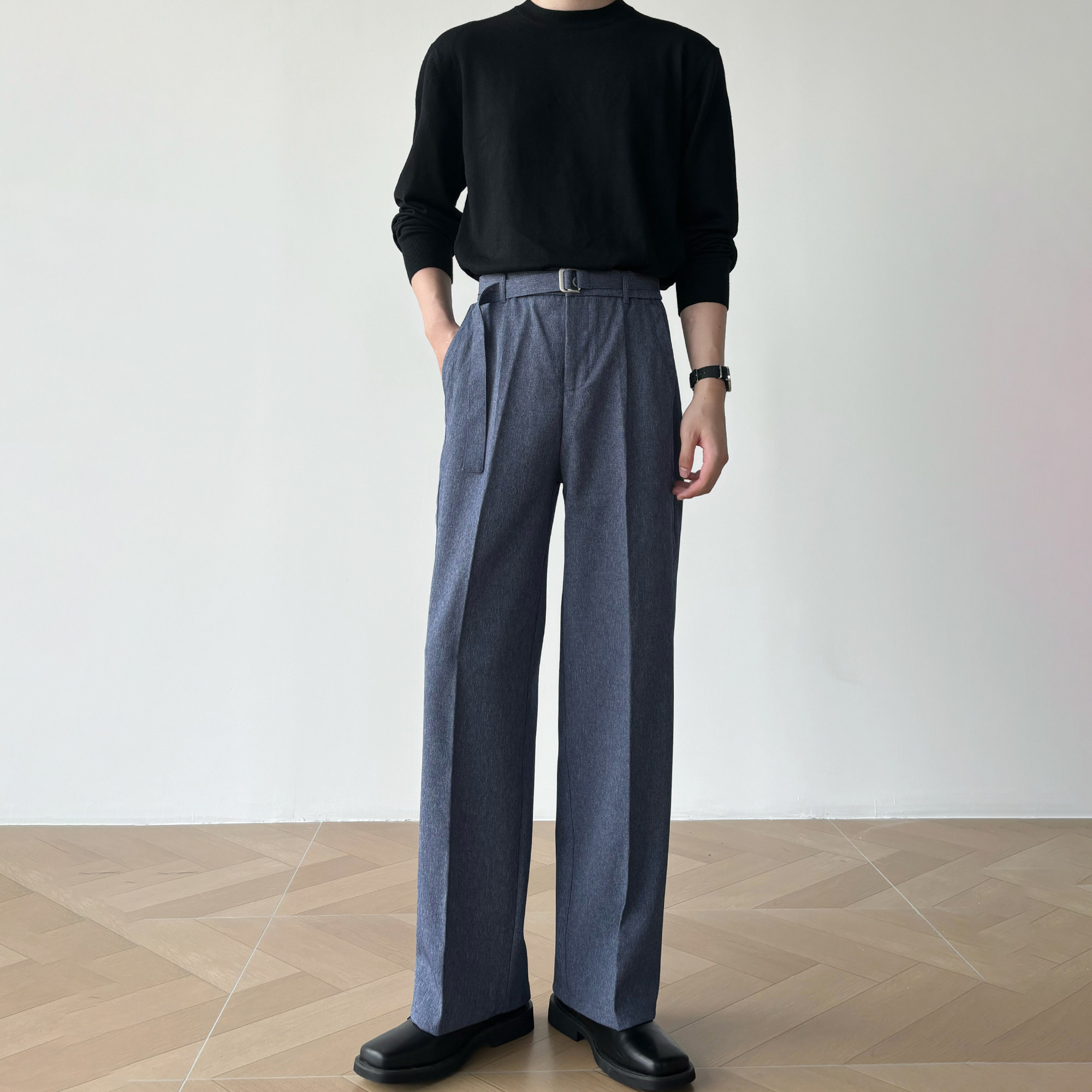 男笙 【高品质羊毛混纺】春季A字宽松阔腿西裤腰带直筒休闲西裤