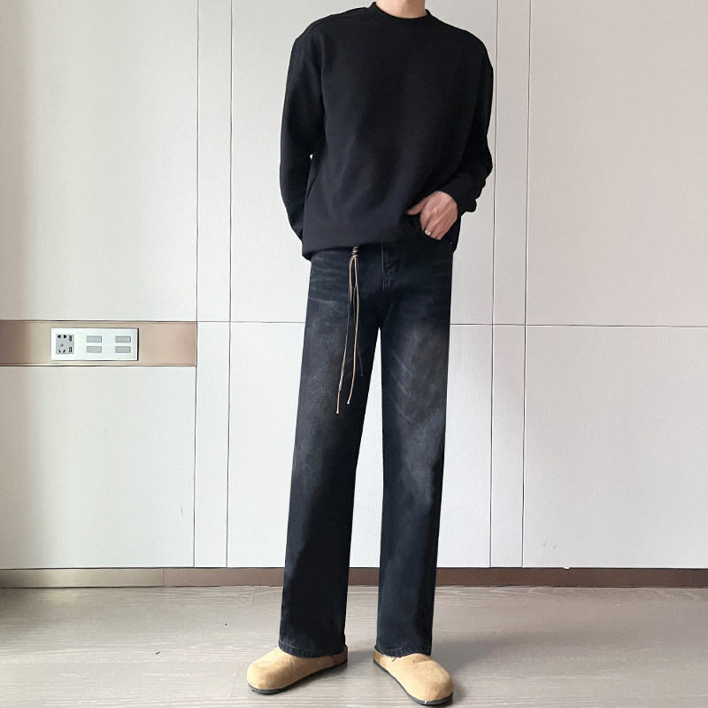 男笙HOME 春季韩版宽松直筒牛仔裤男黑色百搭阔腿高腰牛仔裤子男