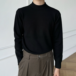 男笙【绵羊毛混纺】冬季高品质半高领黑色针织衫百搭毛衣打底衫男