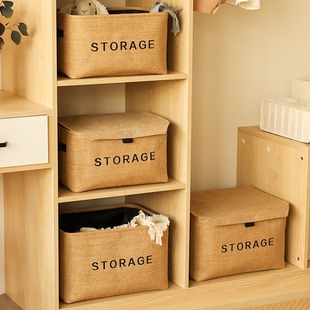 ins风棉麻收纳筐环保带盖子带字母收纳篮护肤品杂物储物收纳盒神