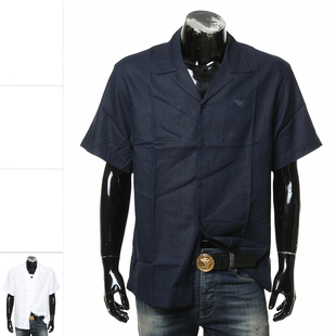 Armani/阿玛尼EA男士时尚鹰标舒适亚麻短袖衬衫 EM000593 AF12356
