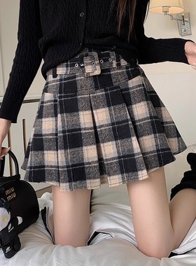新年红色格子裙百褶裙毛呢半身裙早秋装大码胖mm高腰显瘦a字短裙