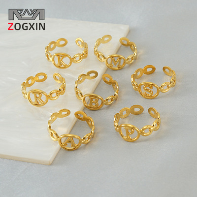 跨境欧美钛钢26英文字母戒指18K时尚简约不锈钢开口可调节戒指女