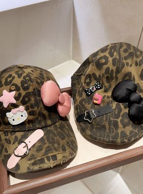 洋气复古豹纹diy棒球帽女秋冬KT猫咪破洞前进帽加厚保暖贝雷帽子