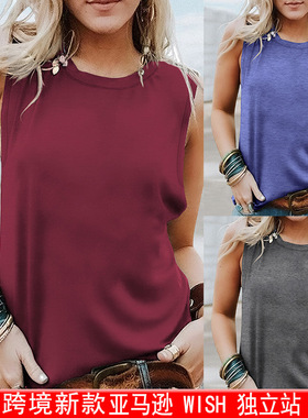 现货外贸亚马逊wish女装独立站大码休闲纯色空白大背心上衣衫