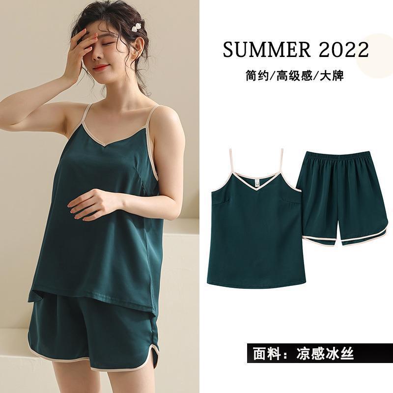 夏季冰丝吊带睡衣女套装|缎面