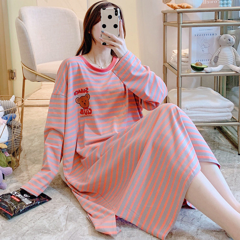 3睡裙女春秋纯棉长袖加肥大码胖mm孕妇裙子长款过膝学生可爱睡衣女