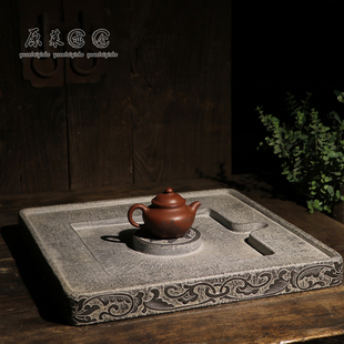 原莱天然青石手工雕刻宝相花石头茶盘家用茶具古朴新中式石器茶台