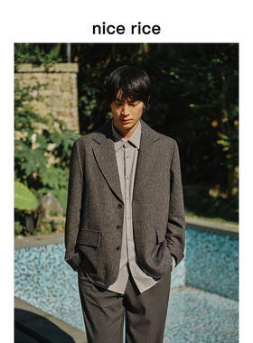 nice rice好饭 秋季平驳领羊毛混纺粗花呢宽松休闲西装NGQ19024