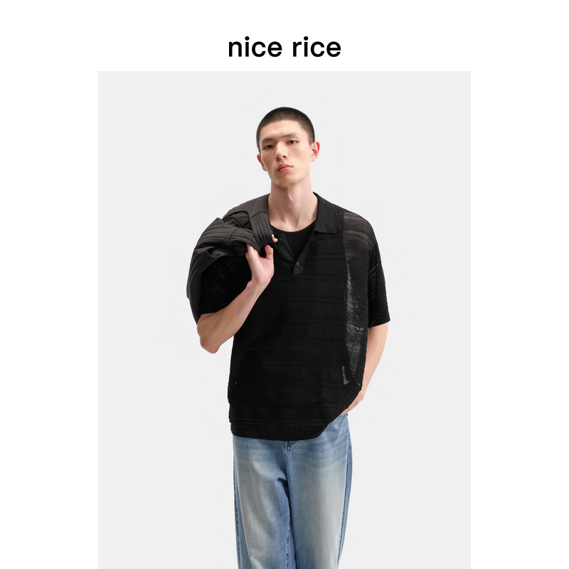 nice rice好饭 夏季镂空肌理宽松休闲polo领短袖针织衫男NHX05036
