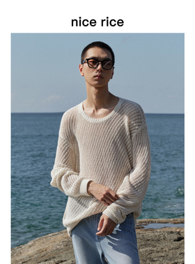 nice rice好饭 棉麻混纺网洞镂空宽松休闲圆领针织衫男NGC05031