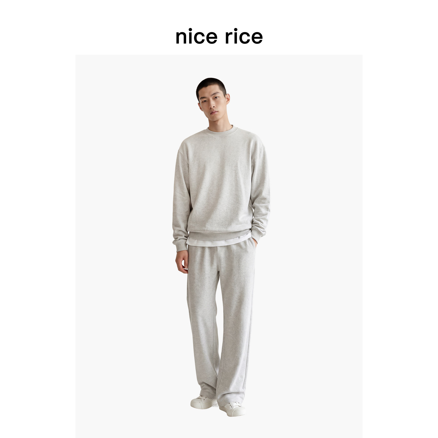 nice rice好饭 26冬季新品430G花灰色宽松松紧腰针织卫裤DIQ12232