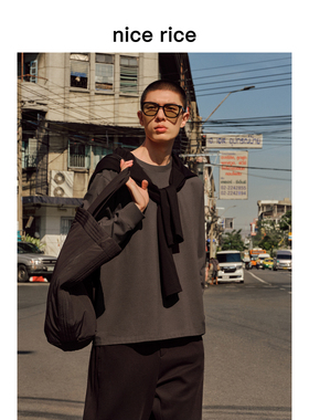 nice rice好饭 春季230G全棉后中分割圆领宽松长袖T恤男NHC02079