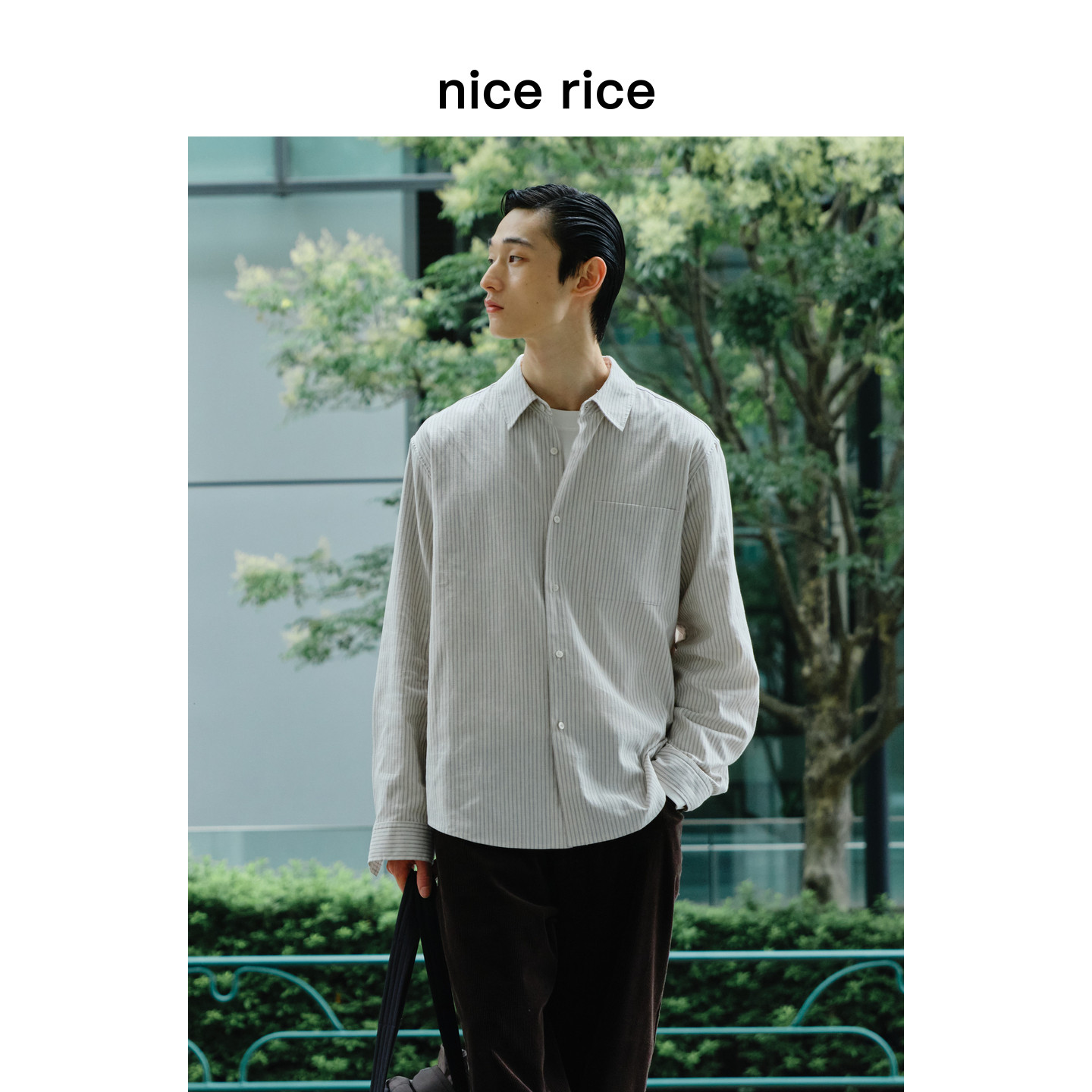 nice rice好饭 26秋季新品麻纤维混纺直身条纹长袖衬衫男NIQ03128