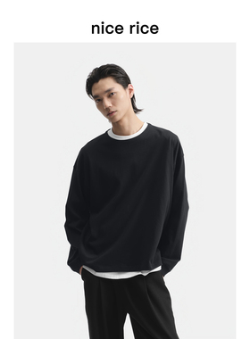 nice rice好饭 春季全棉187G宽领口大廓形纯色长袖T恤男NHC02021
