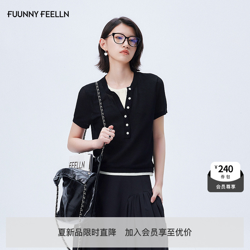 FF仿佛针织衫2025年夏新款假两件女薄撞色设计感短袖V领修身上衣