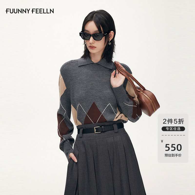 FF仿佛针织衫女2025冬季新款格子英伦风翻领撞色外套羊毛毛衣长袖,女装/女士精品,毛针织衫,淘宝优惠券,粉丝福利购,淘宝优惠卷