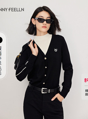 FF仿佛冬季新款黑色针织衫女假两件羊毛V领修身上衣设计感