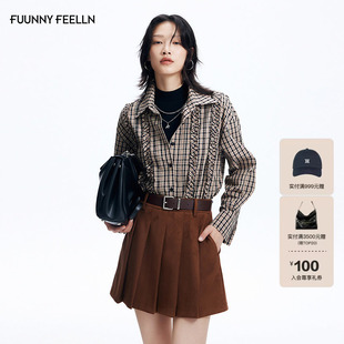 【复古荷叶边抽褶】FF仿佛衬衫女2026春季新款落肩袖格子格纹衬衣