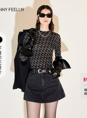 商场同款FF||仿佛春夏季黑色长袖T恤女圆领印花修身